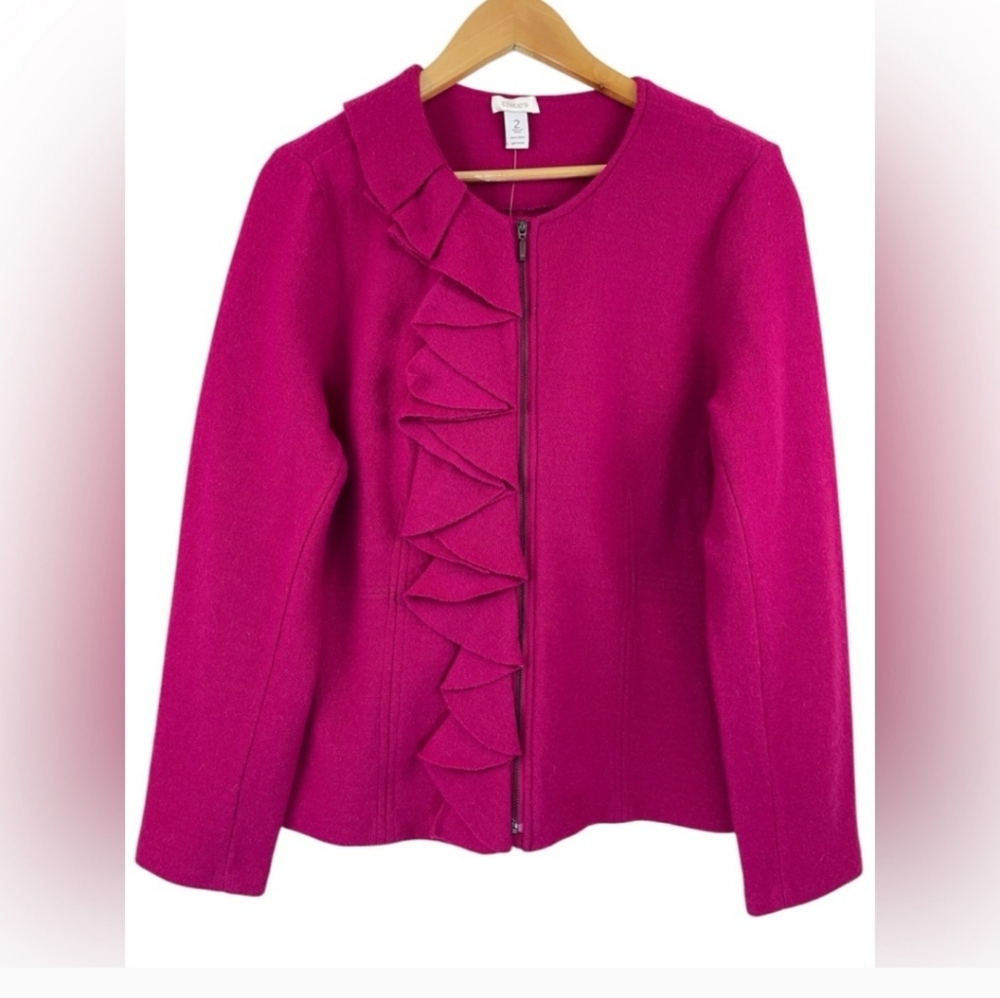 Chico's Sweater Cardigan Women' Sz 1 Wool Zip Front Ruffle Long Sleeve Fuchia